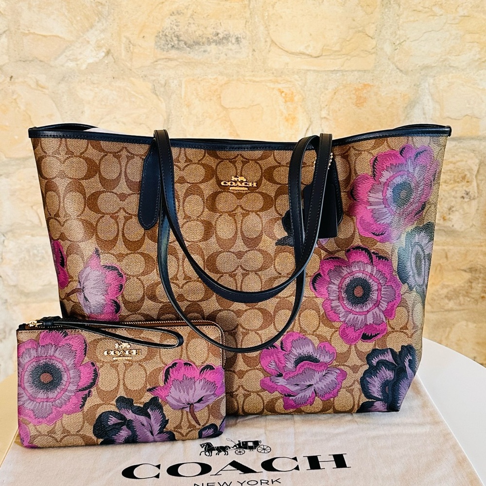 Coach City Tote Kaffe Fassett Floral Signature handbag+wallet brown Purple NWT